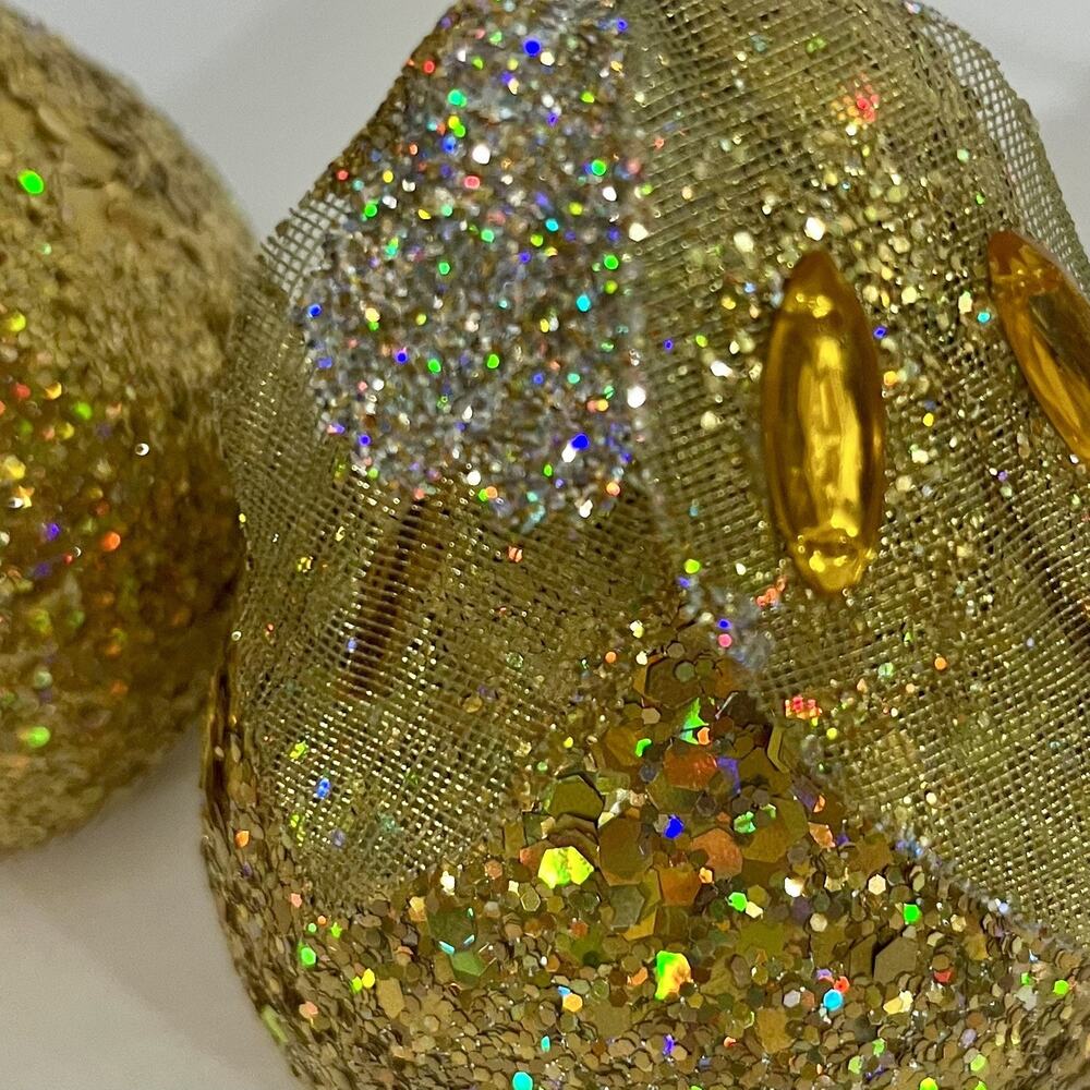 4 Sequin Gold Pear Faux Fruit Jewel Glitter Leaves Decorative Holiday Decor 5” - Picture 4 of 9
